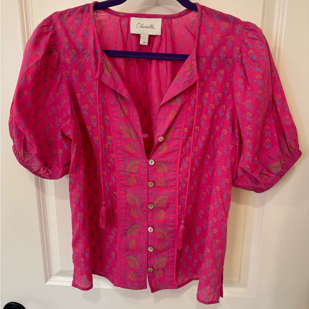 Cleobella Pink Puff Sleeve Blouse with Tie Front